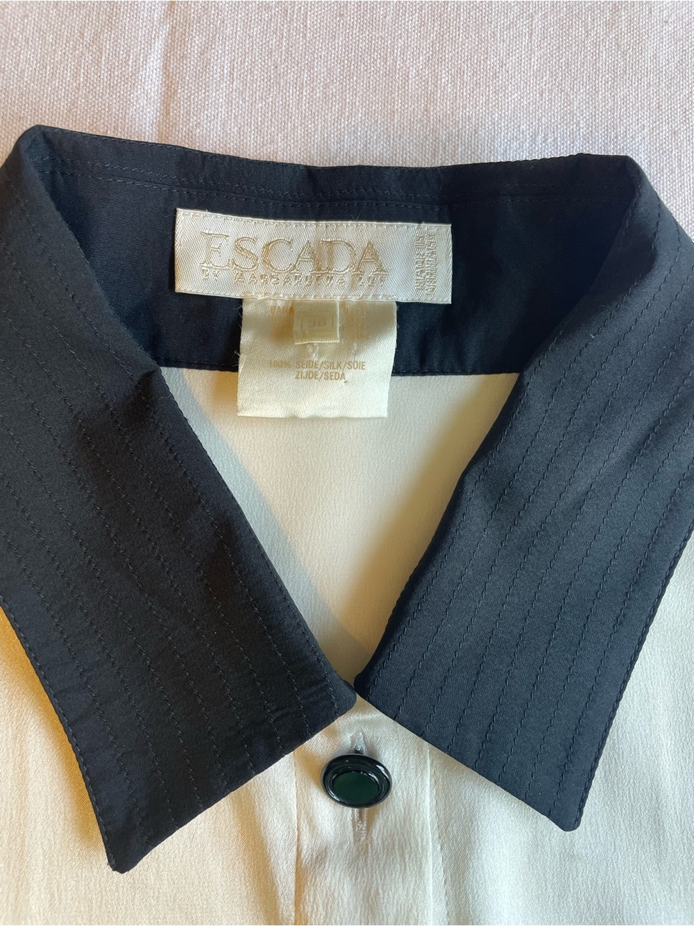 Escada Cream Silk Blouse with Black Collar and Cuffs - Picture 3 of 6